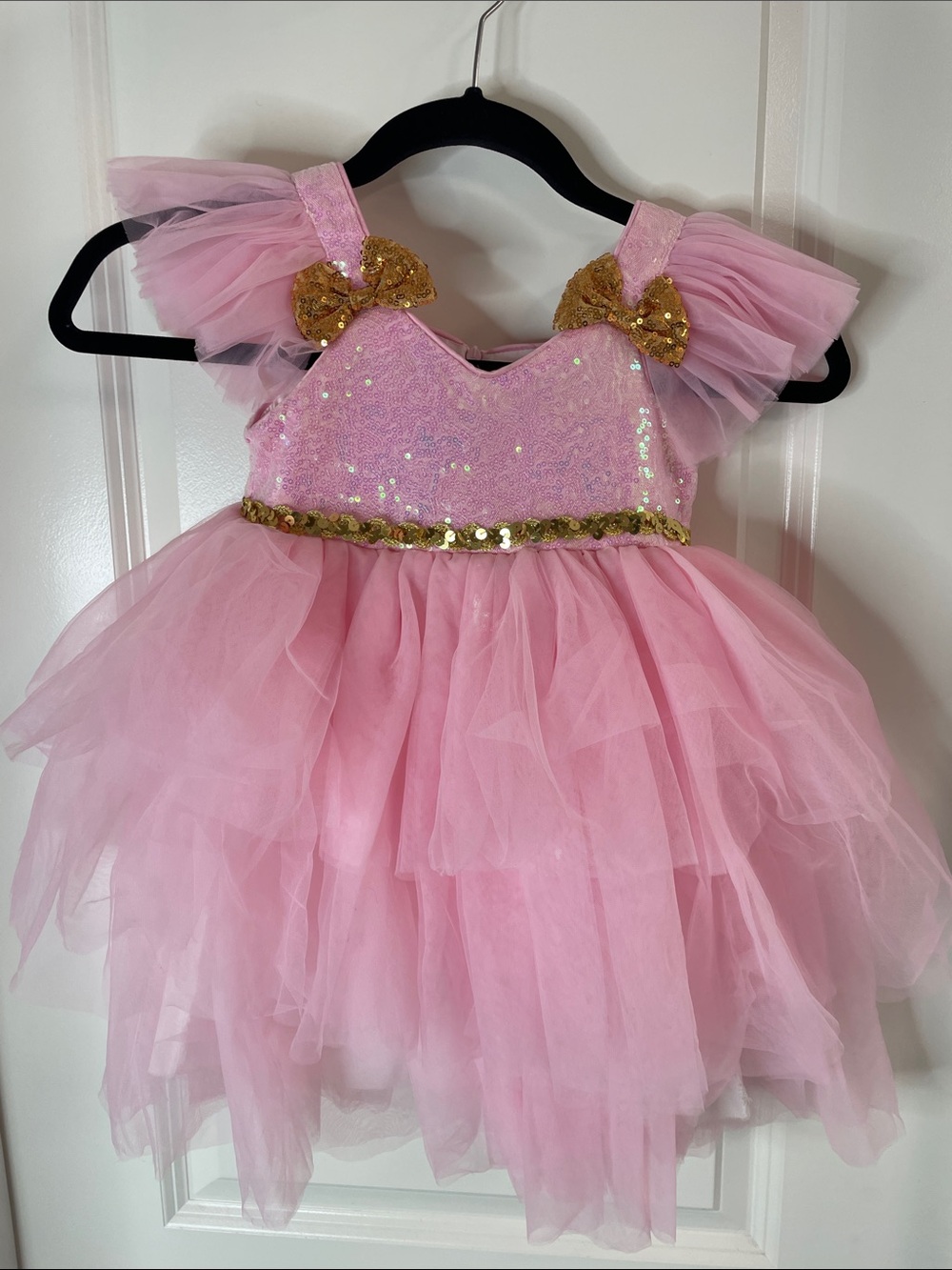 Pink Sequin Tulle Kids Costume Dress with Gold Accents